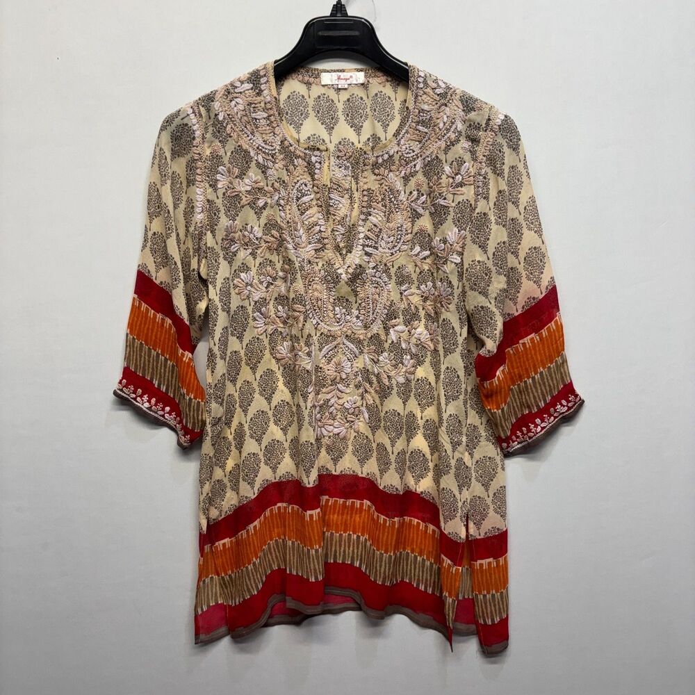 Amaya Women 100% Silk 3/4 Sleeve Blouse Top Shirt Size 44 Floral Boho D100 -27